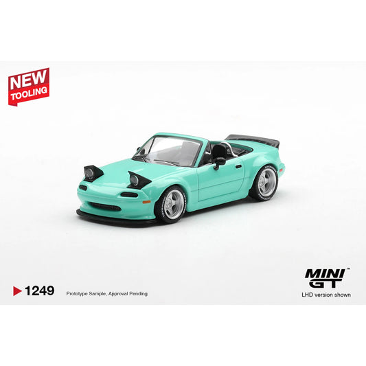 Mini GT 1:64 Mazda MX-5 NA Pandem Body Kit Mint Green 2026 MGT01249-L diecast model with widebody styling and pop-up headlights