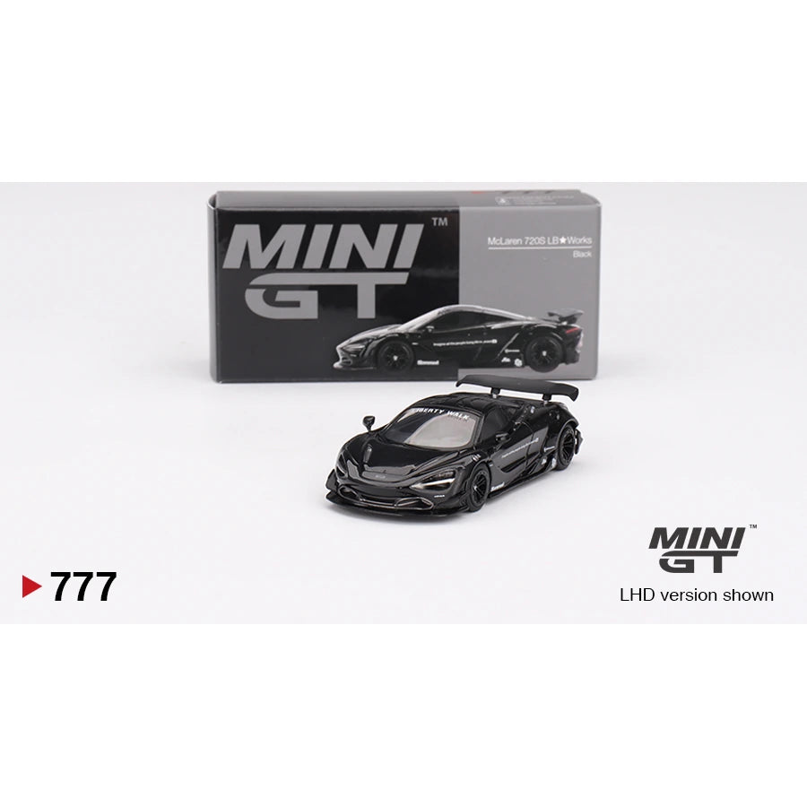 MiniGT 1:64 scale die-cast model of McLaren 720S LB★Works in Black with Liberty Walk aero styling.