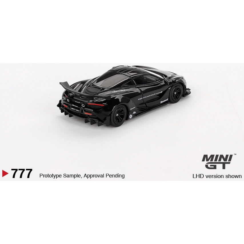 MiniGT 1:64 scale die-cast model of McLaren 720S LB★Works in Black with Liberty Walk aero styling.