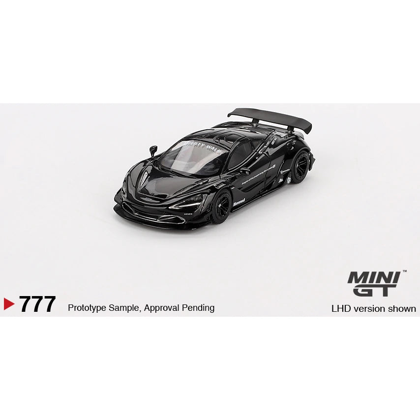 MiniGT 1:64 scale die-cast model of McLaren 720S LB★Works in Black with Liberty Walk aero styling.