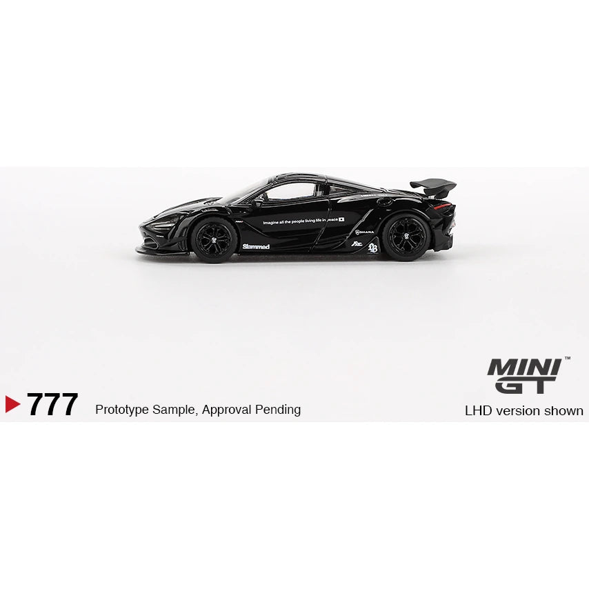 MiniGT 1:64 scale die-cast model of McLaren 720S LB★Works in Black with Liberty Walk aero styling.