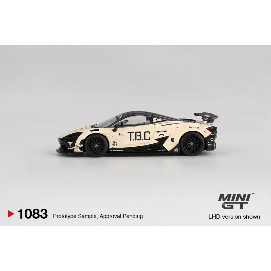 MiniGT 1:64 McLaren 720S LB★Works “The Boring Concept” #1083 in black and cream Liberty Walk livery with widebody aero.