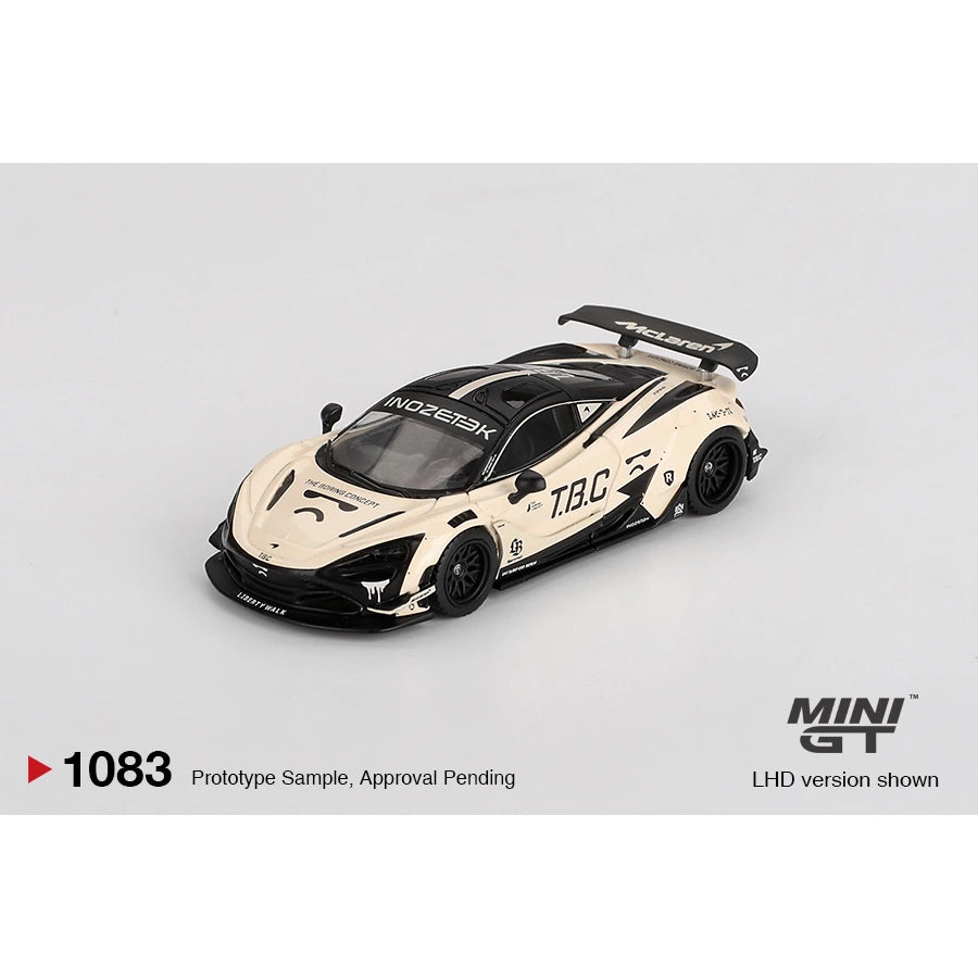 MiniGT 1:64 McLaren 720S LB★Works “The Boring Concept” #1083 in black and cream Liberty Walk livery with widebody aero.