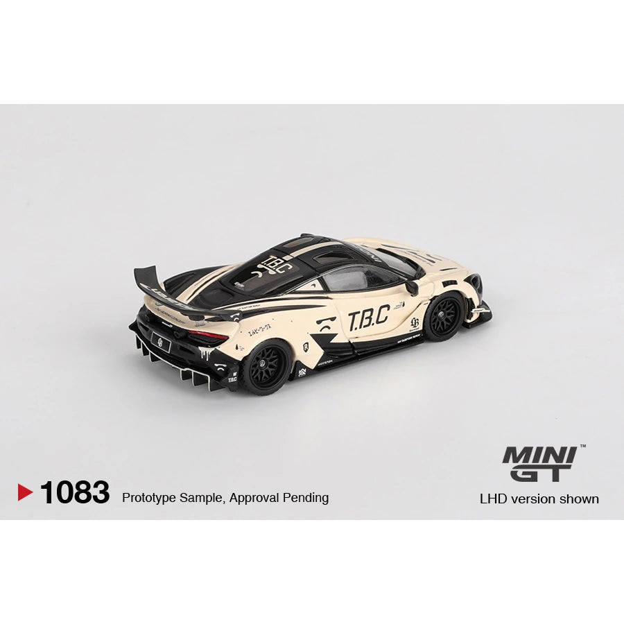 MiniGT 1:64 McLaren 720S LB★Works “The Boring Concept” #1083 in black and cream Liberty Walk livery with widebody aero.