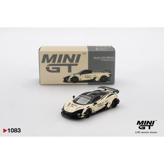 MiniGT 1:64 McLaren 720S LB★Works “The Boring Concept” #1083 in black and cream Liberty Walk livery with widebody aero.