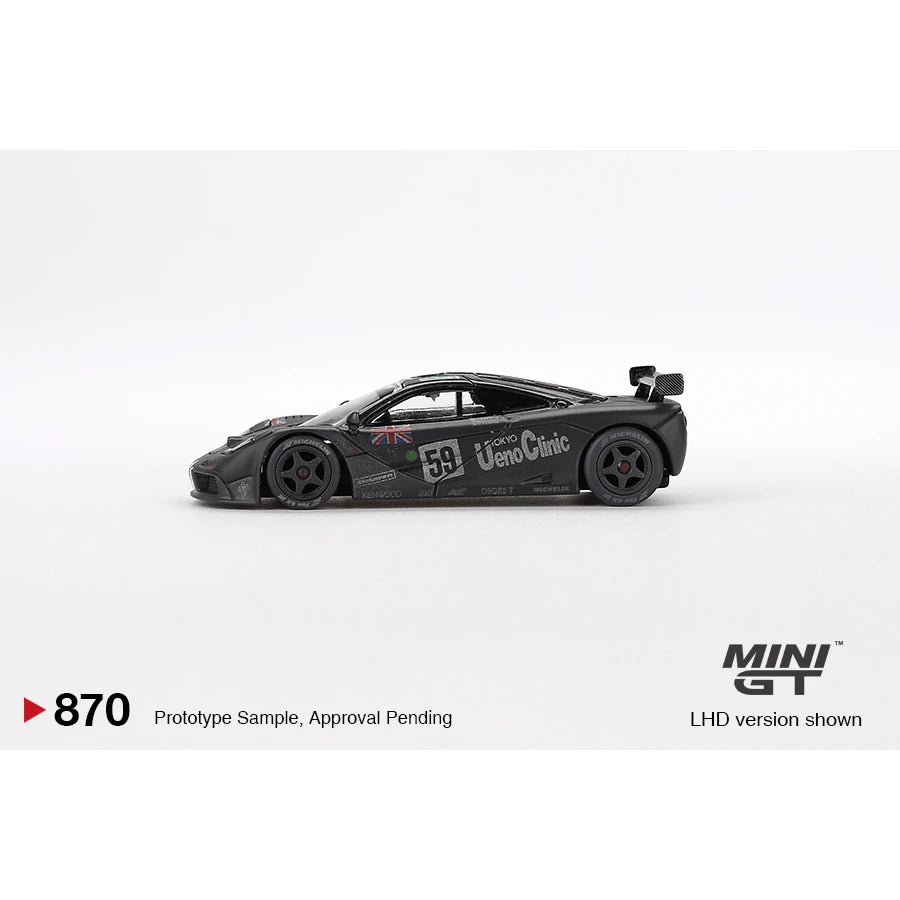 MiniGT 1:64 scale McLaren F1 GTR #59 die-cast model in post-race weathered finish from 1995 Le Mans, #870.