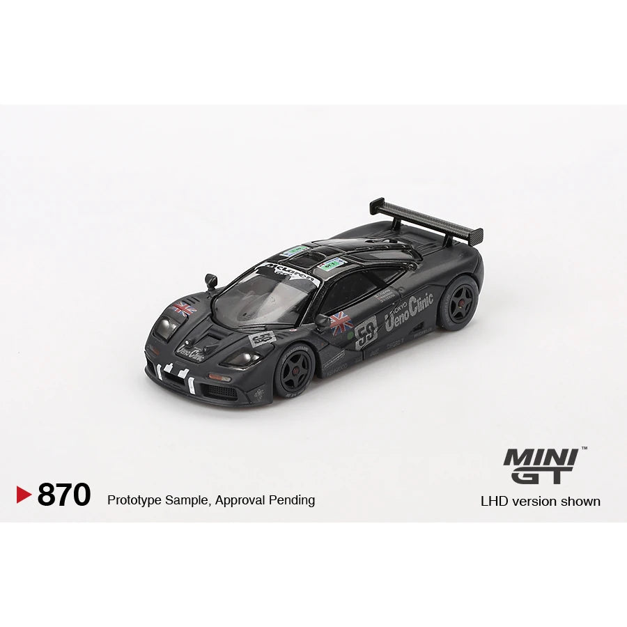 MiniGT 1:64 scale McLaren F1 GTR #59 die-cast model in post-race weathered finish from 1995 Le Mans, #870.