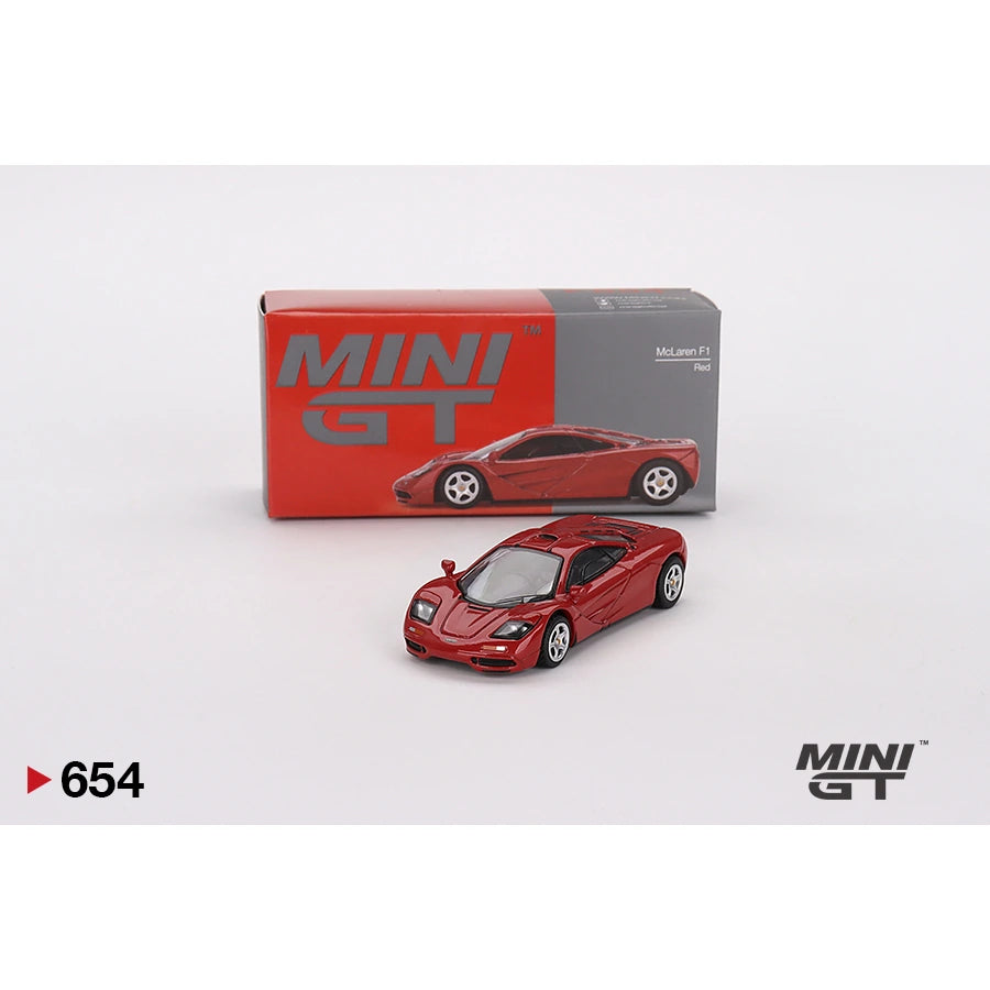 MiniGT 1:64 scale McLaren F1 die-cast model in red – #654