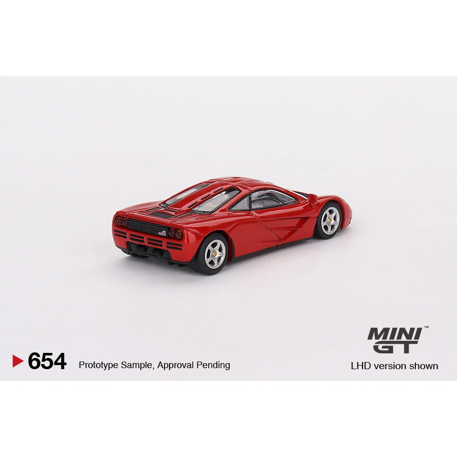MiniGT 1:64 scale McLaren F1 die-cast model in red – #654
