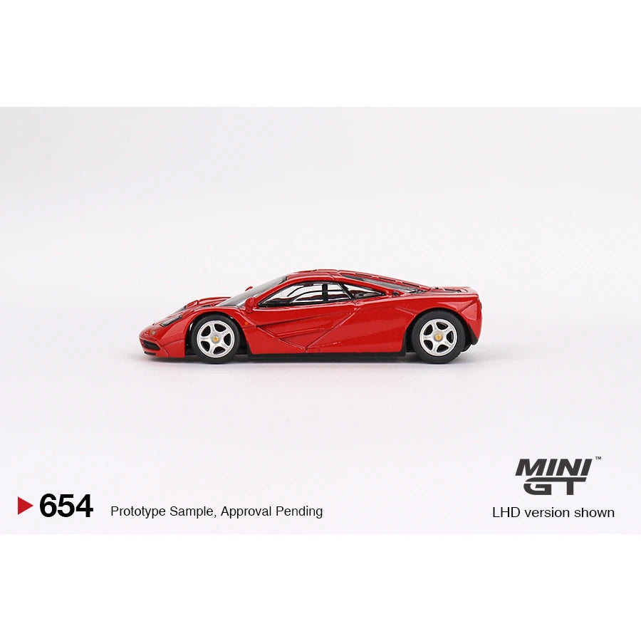 MiniGT 1:64 scale McLaren F1 die-cast model in red – #654