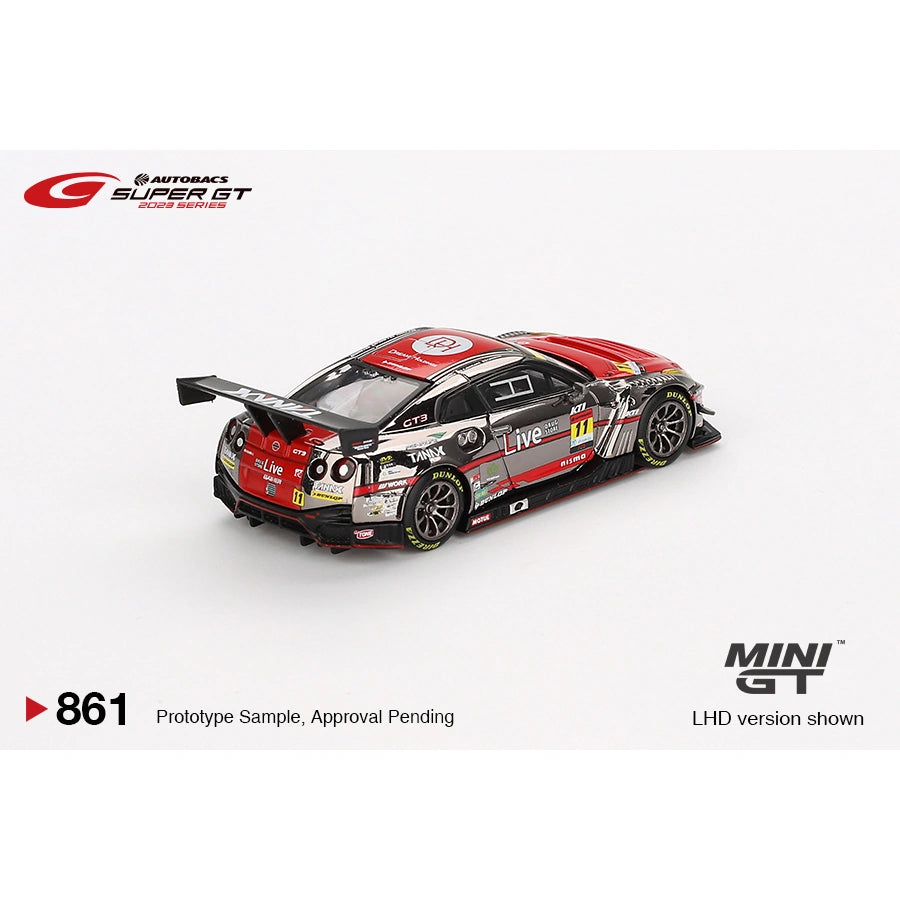 MiniGT 1:64 Nissan GT-R NISMO GT3 #11 in GAINER TANAX Live race livery on blister card with loose model displayed; LHD version shown.