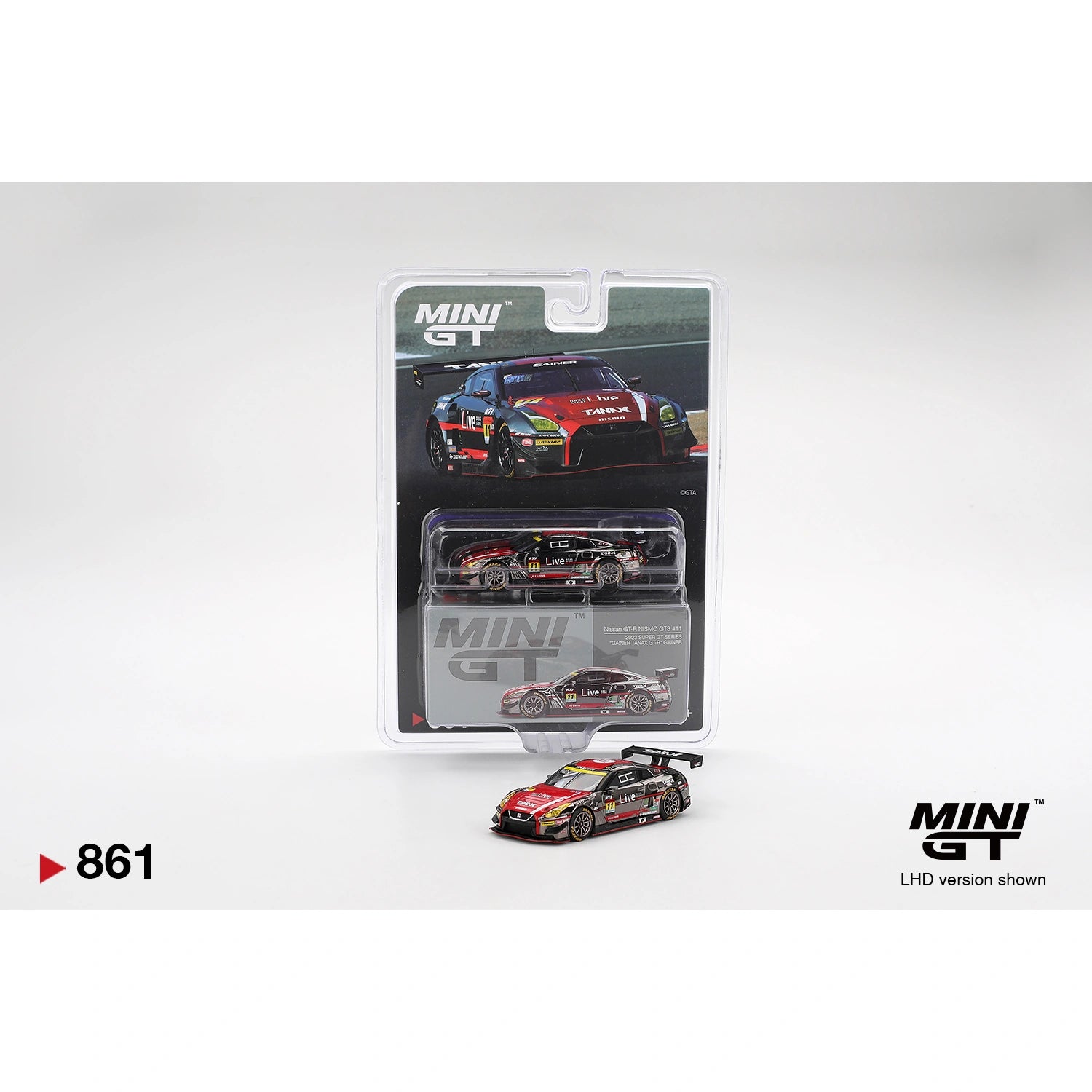 MiniGT 1:64 Nissan GT-R NISMO GT3 #11 in GAINER TANAX Live race livery on blister card with loose model displayed; LHD version shown.