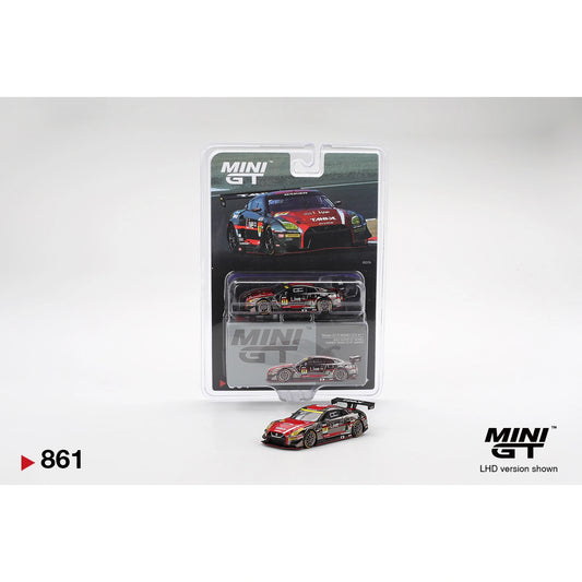 MiniGT 1:64 Nissan GT-R NISMO GT3 #11 in GAINER TANAX Live race livery on blister card with loose model displayed; LHD version shown.