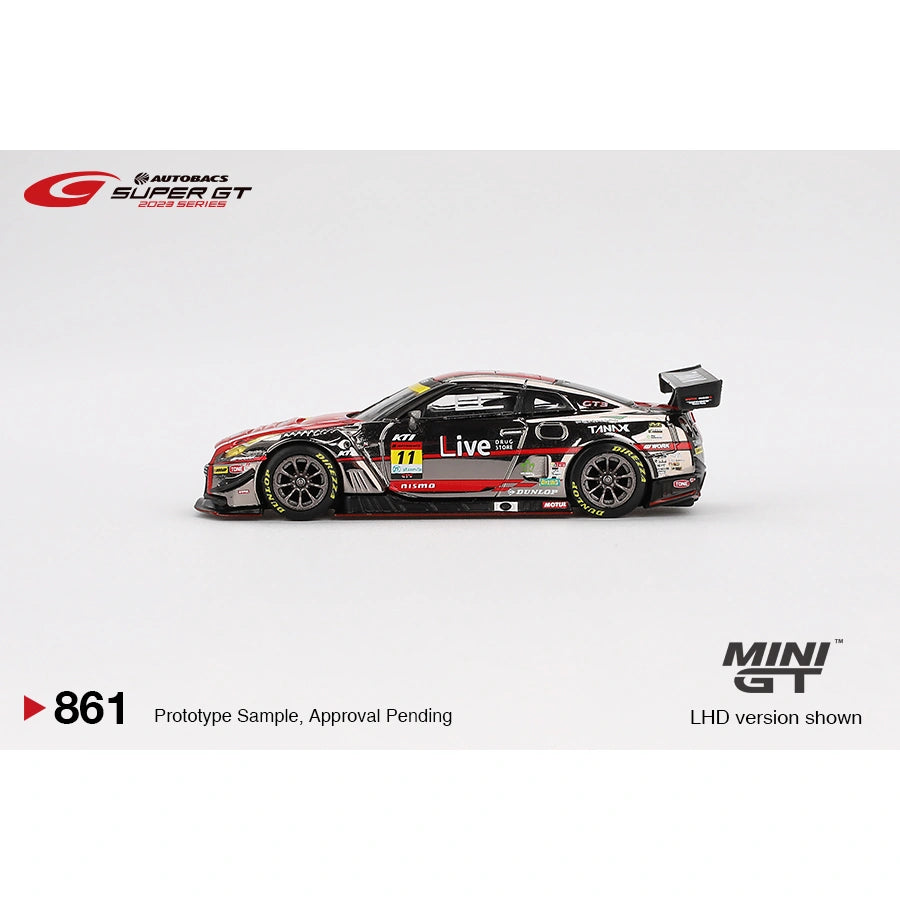 MiniGT 1:64 Nissan GT-R NISMO GT3 #11 in GAINER TANAX Live race livery on blister card with loose model displayed; LHD version shown.
