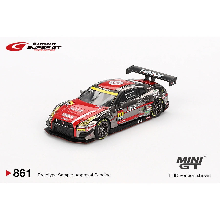 MiniGT 1:64 Nissan GT-R NISMO GT3 #11 in GAINER TANAX Live race livery on blister card with loose model displayed; LHD version shown.