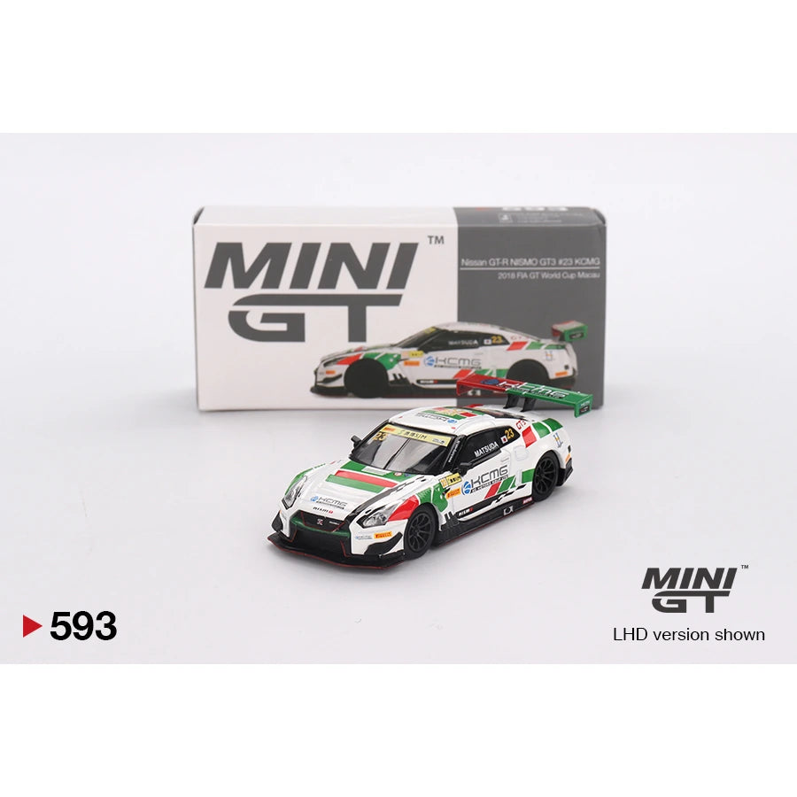 MiniGT 1:64 Nissan GT-R NISMO GT3 #23 in KCMG 2018 FIA GT World Cup Macau livery with box, LHD version shown.