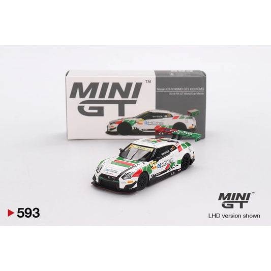MiniGT 1:64 Nissan GT-R NISMO GT3 #23 in KCMG 2018 FIA GT World Cup Macau livery with box, LHD version shown.