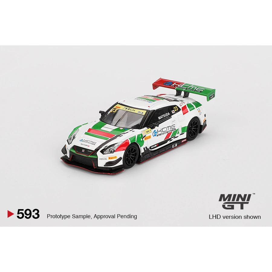 MiniGT 1:64 Nissan GT-R NISMO GT3 #23 in KCMG 2018 FIA GT World Cup Macau livery with box, LHD version shown.