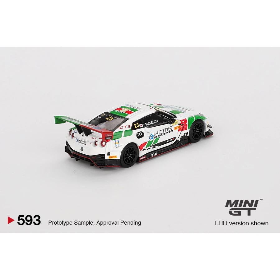 MiniGT 1:64 Nissan GT-R NISMO GT3 #23 in KCMG 2018 FIA GT World Cup Macau livery with box, LHD version shown.