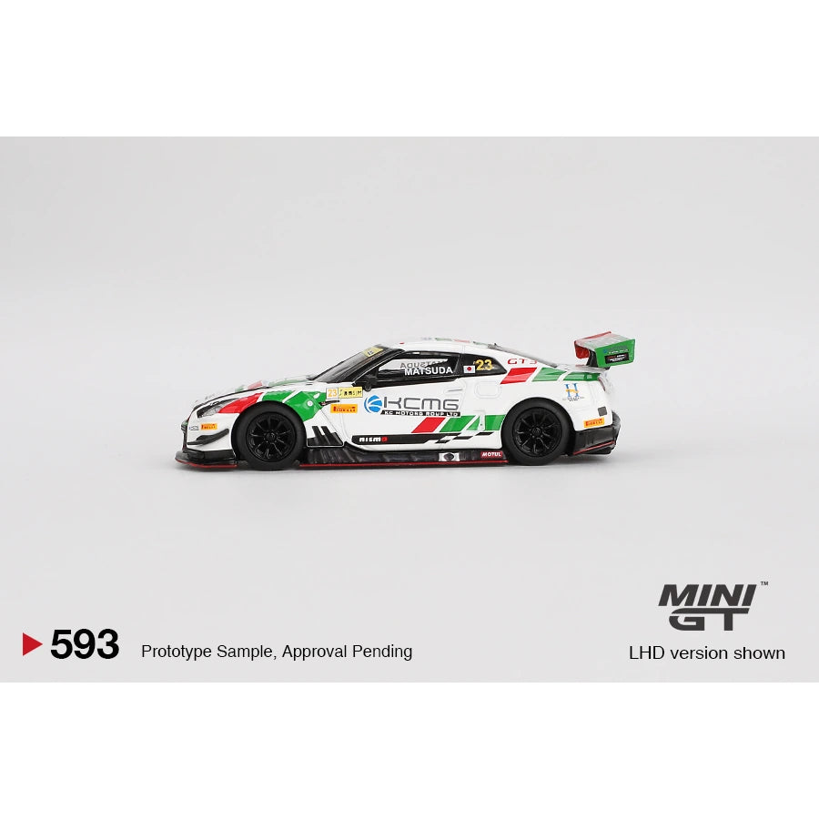 MiniGT 1:64 Nissan GT-R NISMO GT3 #23 in KCMG 2018 FIA GT World Cup Macau livery with box, LHD version shown.
