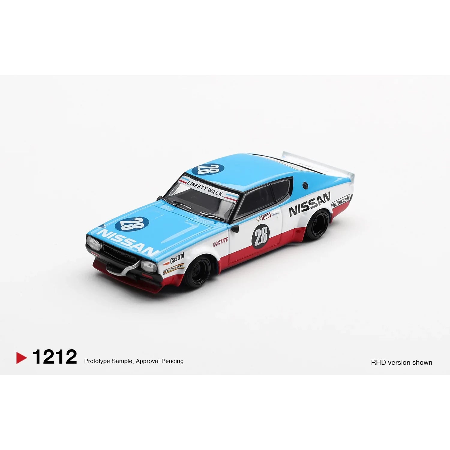 MINI GT 1:64 Nissan Skyline Kenmeri Liberty Walk Nissan Racing ’75 Concept MGT01212 blue die-cast model.