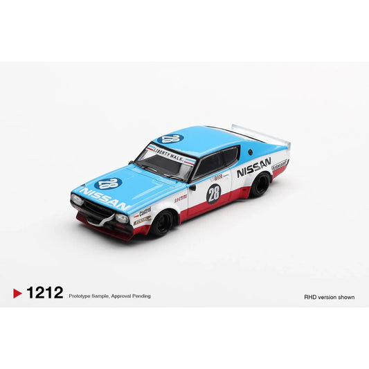 MINI GT 1:64 Nissan Skyline Kenmeri Liberty Walk Nissan Racing ’75 Concept MGT01212 blue die-cast model.