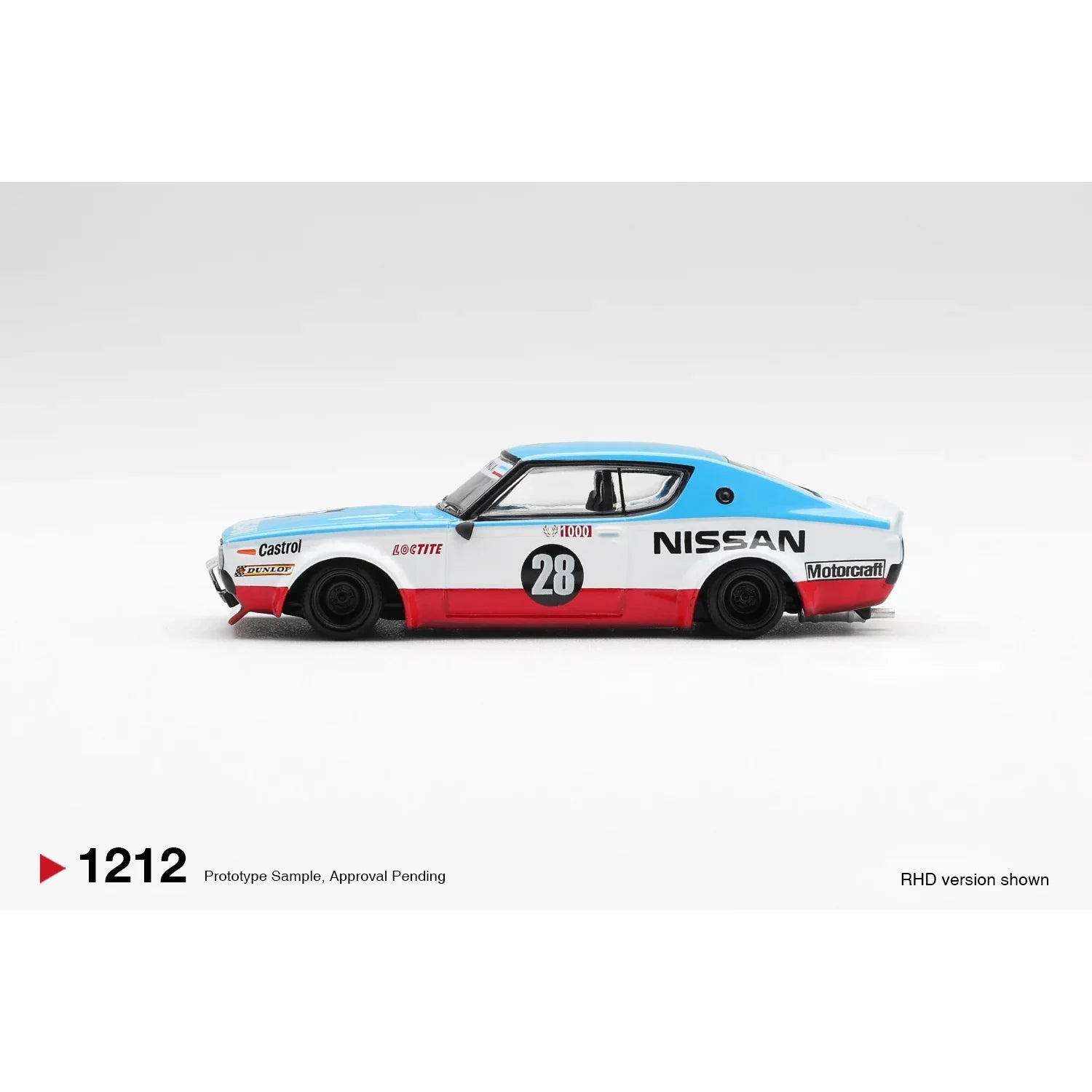 MINI GT 1:64 Nissan Skyline Kenmeri Liberty Walk Nissan Racing ’75 Concept MGT01212 blue die-cast model.