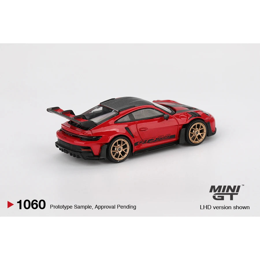 MINI GT 1:64 Porsche 911 992 GT3 RS Weissach Package die-cast model in Guards Red.
