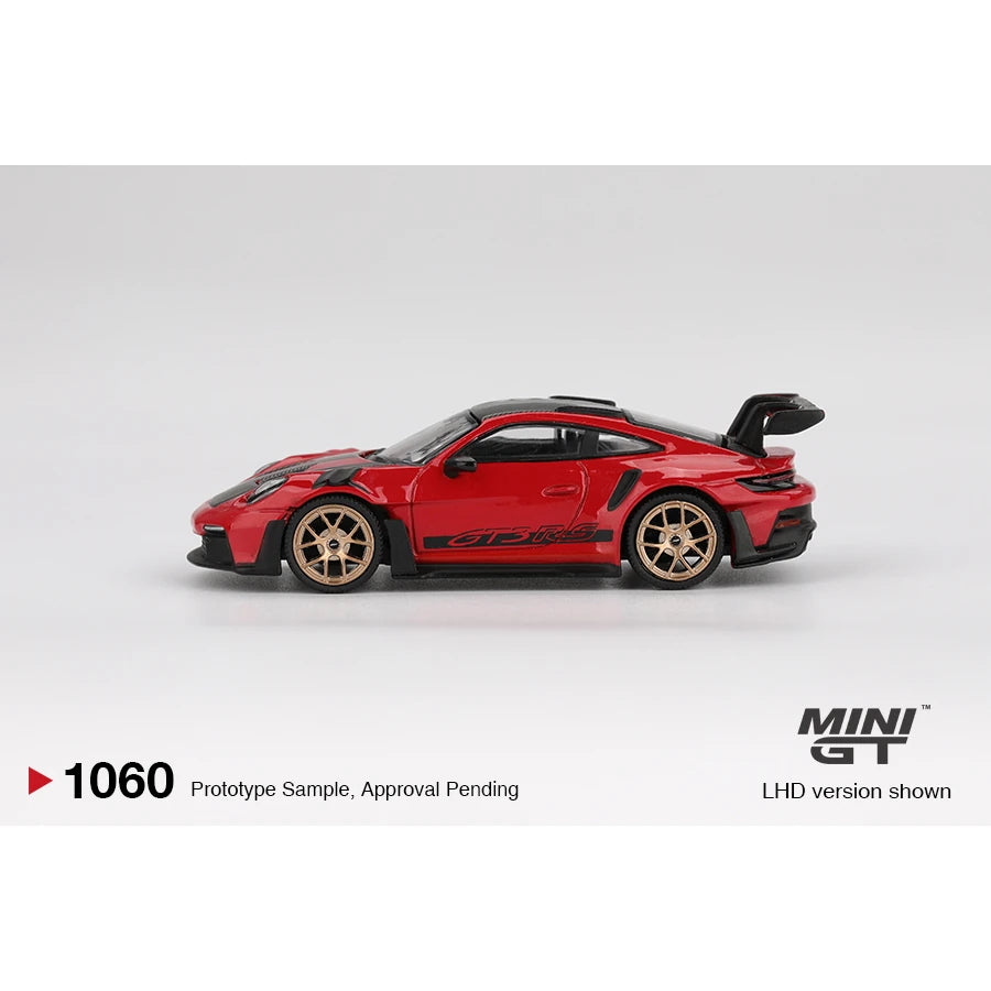 MINI GT 1:64 Porsche 911 992 GT3 RS Weissach Package die-cast model in Guards Red.