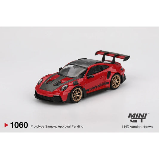 MINI GT 1:64 Porsche 911 992 GT3 RS Weissach Package die-cast model in Guards Red.