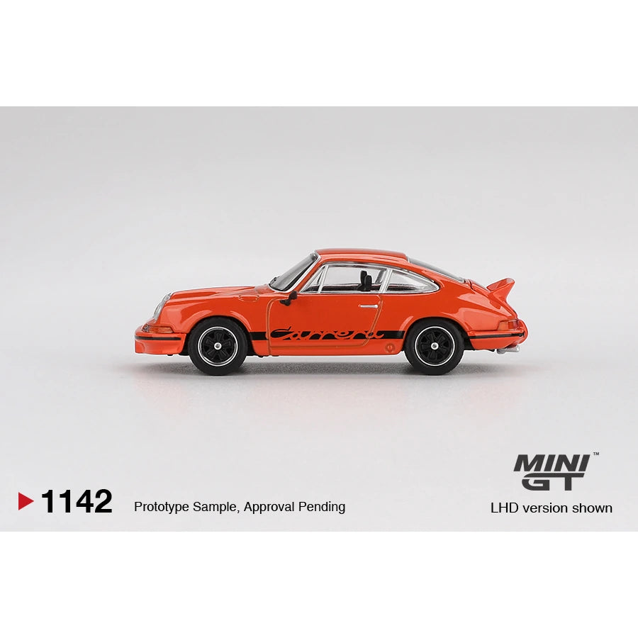 Mini GT 1:64 Porsche 911 Carrera RS 2.7 Tangerine with Black Livery MGT01142 die-cast model