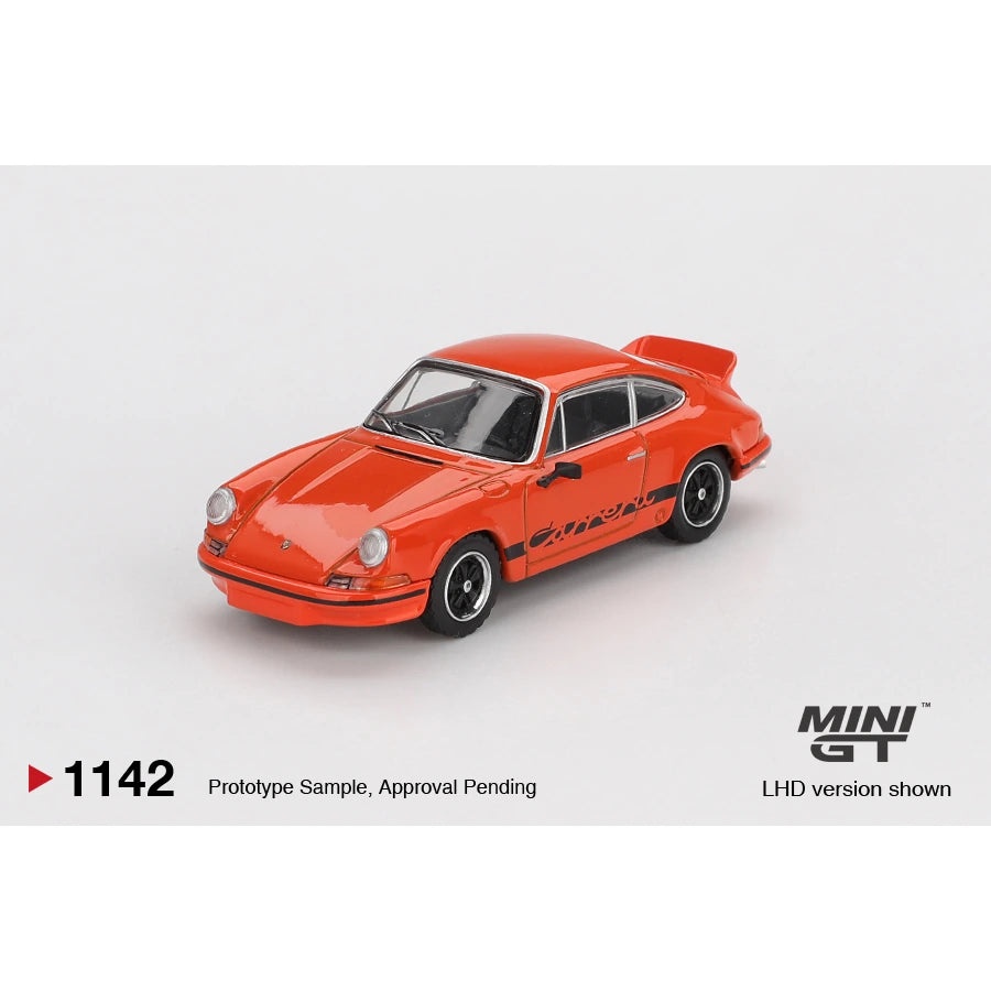 Mini GT 1:64 Porsche 911 Carrera RS 2.7 Tangerine with Black Livery MGT01142 die-cast model