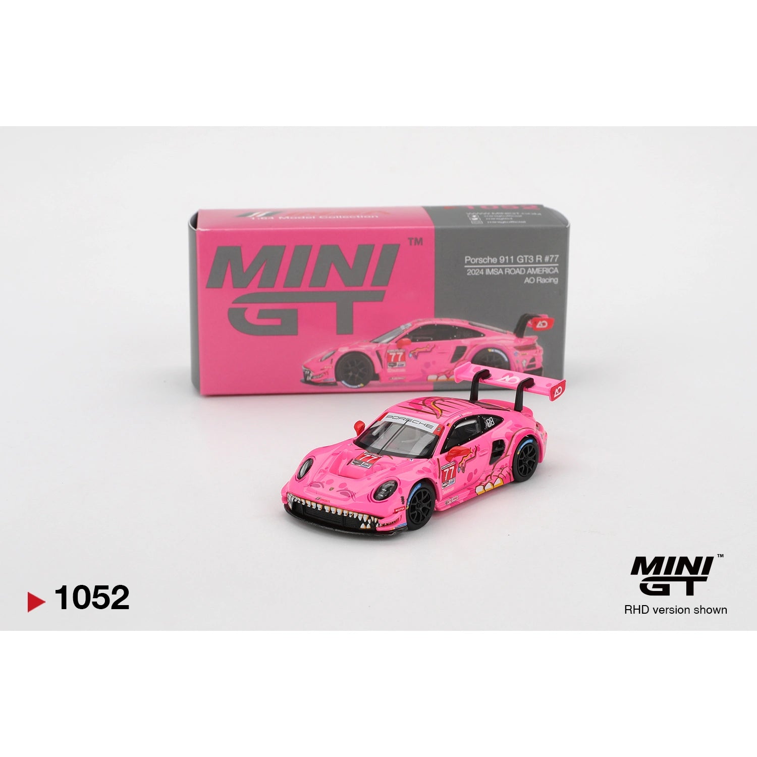 Mini GT 1:64 Porsche 911 GT3 R #77 AO Racing 2024 IMSA Road America die-cast model in blister packaging