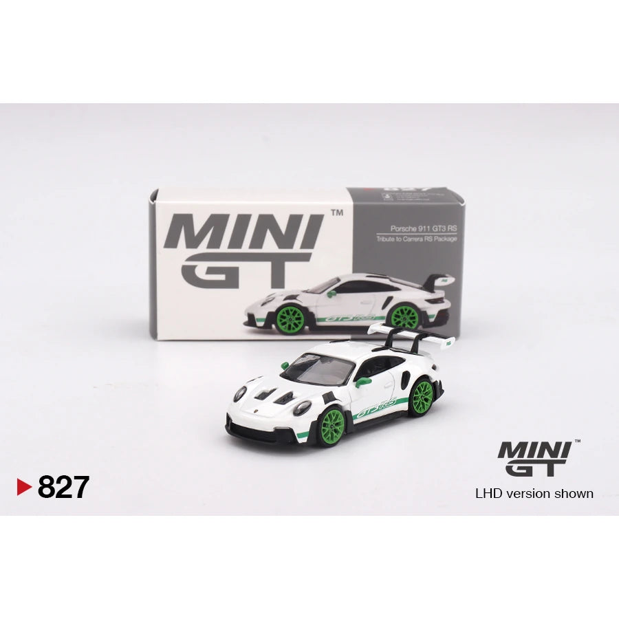 MiniGT 1:64 Porsche 911 GT3 RS die-cast model in white with green Carrera RS tribute livery, #827.