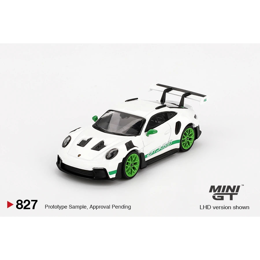 MiniGT 1:64 Porsche 911 GT3 RS die-cast model in white with green Carrera RS tribute livery, #827.