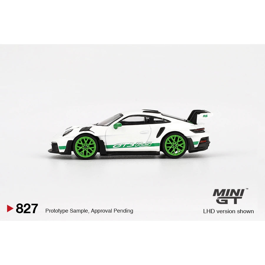 MiniGT 1:64 Porsche 911 GT3 RS die-cast model in white with green Carrera RS tribute livery, #827.