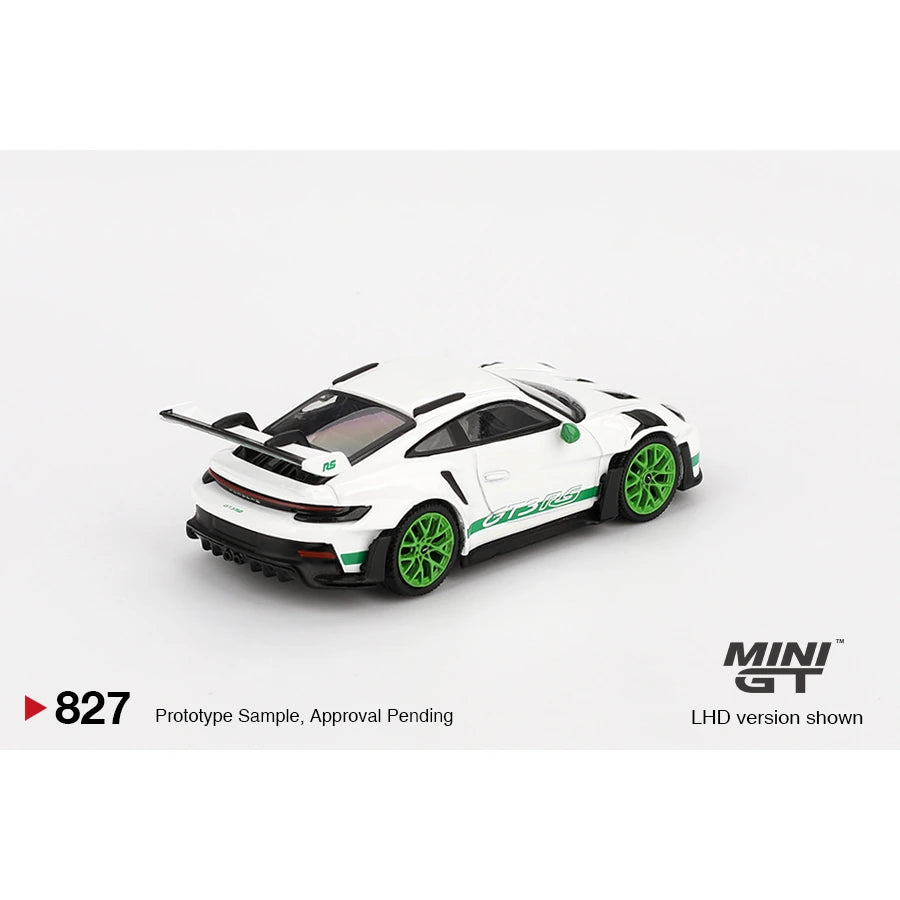 MiniGT 1:64 Porsche 911 GT3 RS die-cast model in white with green Carrera RS tribute livery, #827.