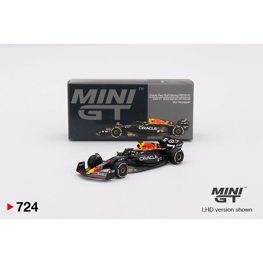 MINI GT 1:64 Oracle Red Bull Racing RB19 #1 Max Verstappen 2023 Bahrain GP Winner MGT00724 die-cast model.