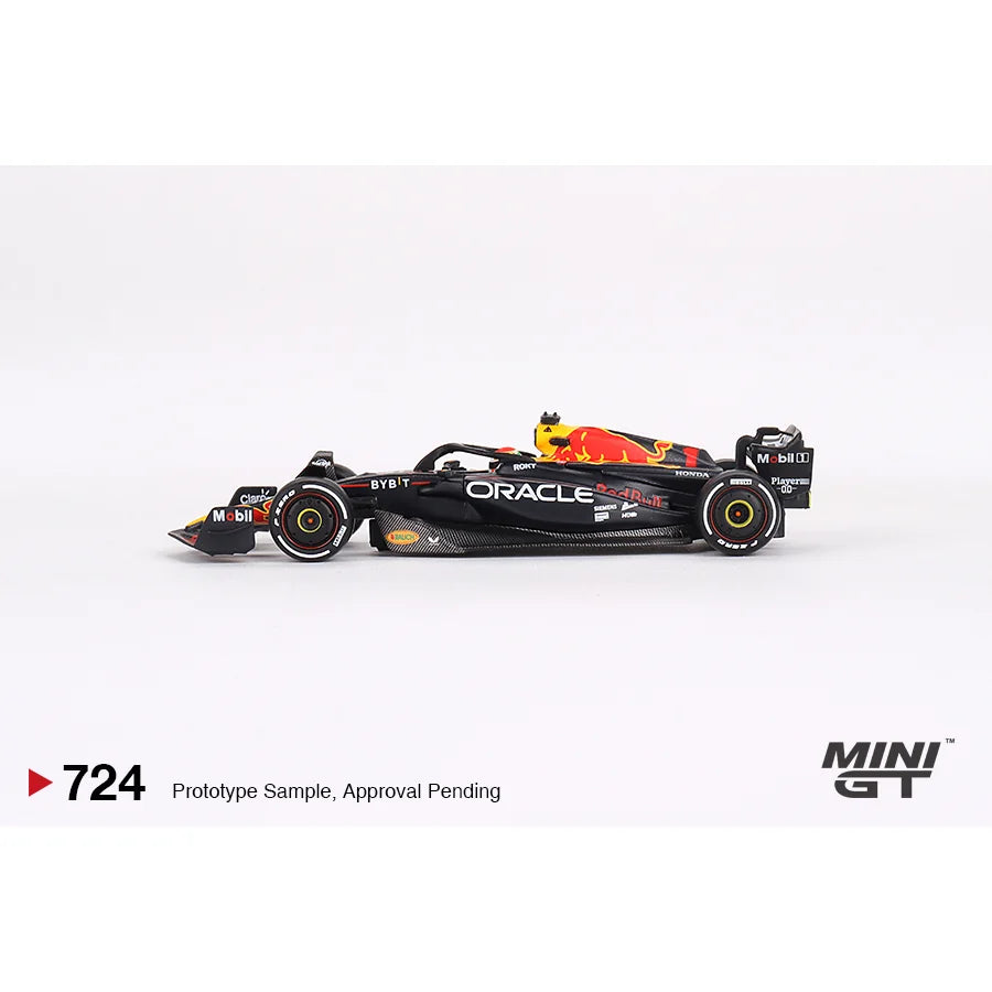 MINI GT 1:64 Oracle Red Bull Racing RB19 #1 Max Verstappen 2023 Bahrain GP Winner MGT00724 die-cast model.