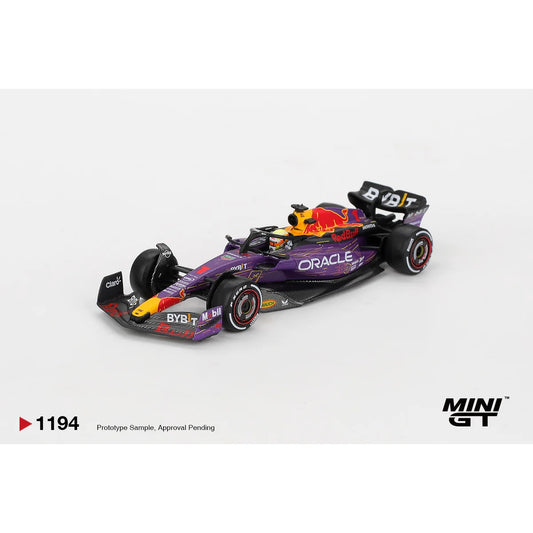 Mini GT 1:64 Red Bull Racing RB19 #1 Max Verstappen 2023 Las Vegas Grand Prix Winner Formula 1 diecast model in special purple livery MGT01194-L
