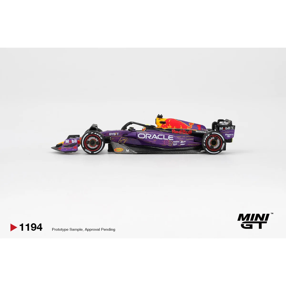 Mini GT 1:64 Red Bull Racing RB19 #1 Max Verstappen 2023 Las Vegas Grand Prix Winner Formula 1 diecast model in special purple livery MGT01194-L