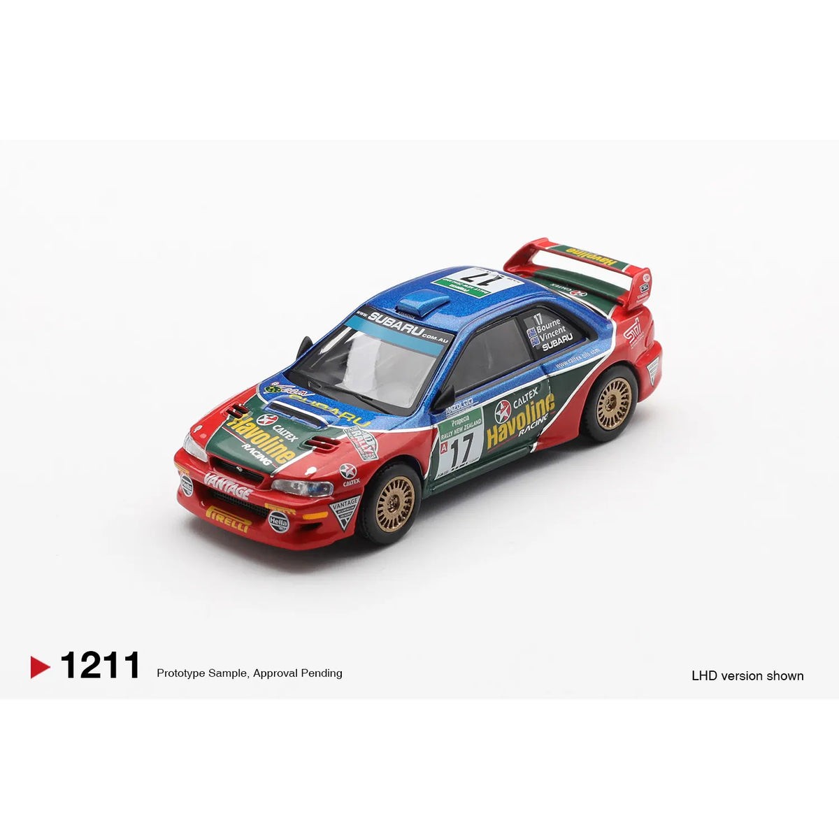 Mini GT 1:64 Subaru Impreza WRC98 #17 Rally New Zealand 2000 Havoline Racing diecast model with gold wheels MGT01211-L