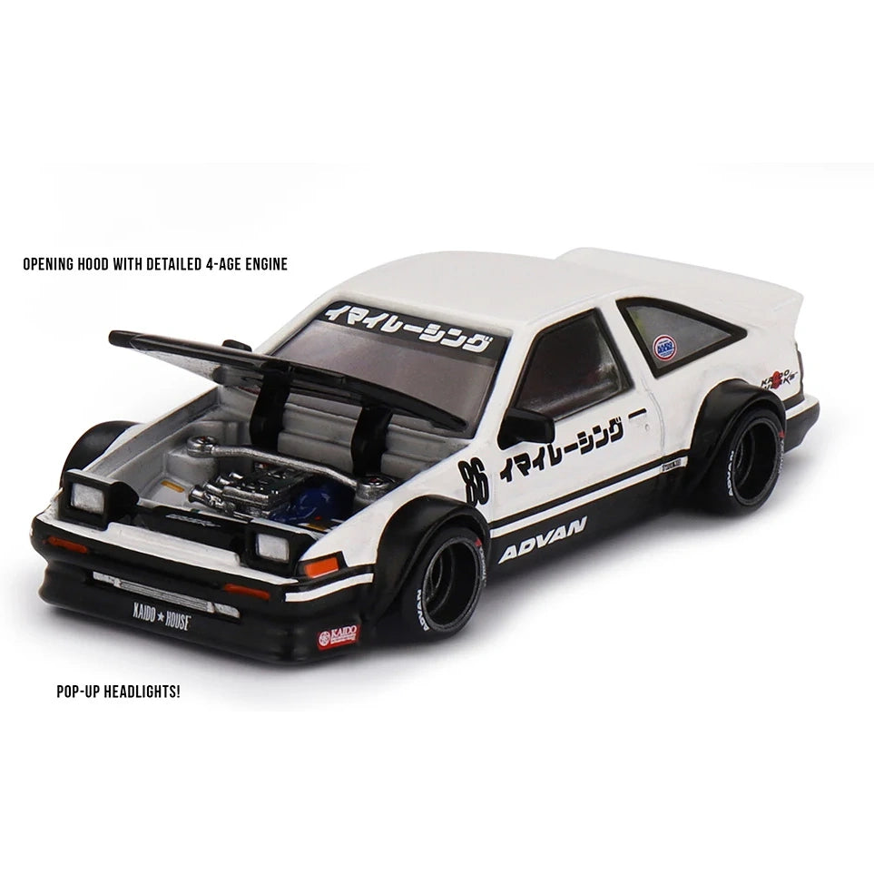 Kaido House x MiniGT 1:64 Toyota Sprinter Trueno die-cast car in Kaido Street V1 Advan livery.