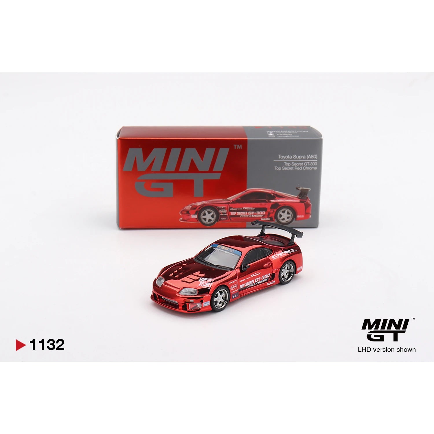 MINI GT 1:64 Toyota Supra A80 Top Secret GT-300 die-cast model in Red Chrome.