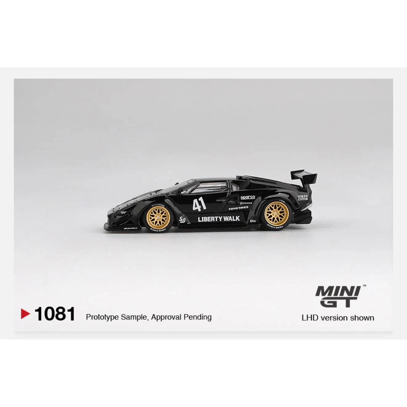 Mini GT 1:64 scale Lamborghini Countach LB-WORKS Black #1081 die-cast model with Liberty Walk widebody styling.