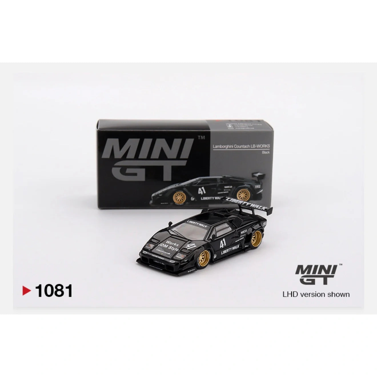 Mini GT 1:64 scale Lamborghini Countach LB-WORKS Black #1081 die-cast model with Liberty Walk widebody styling.
