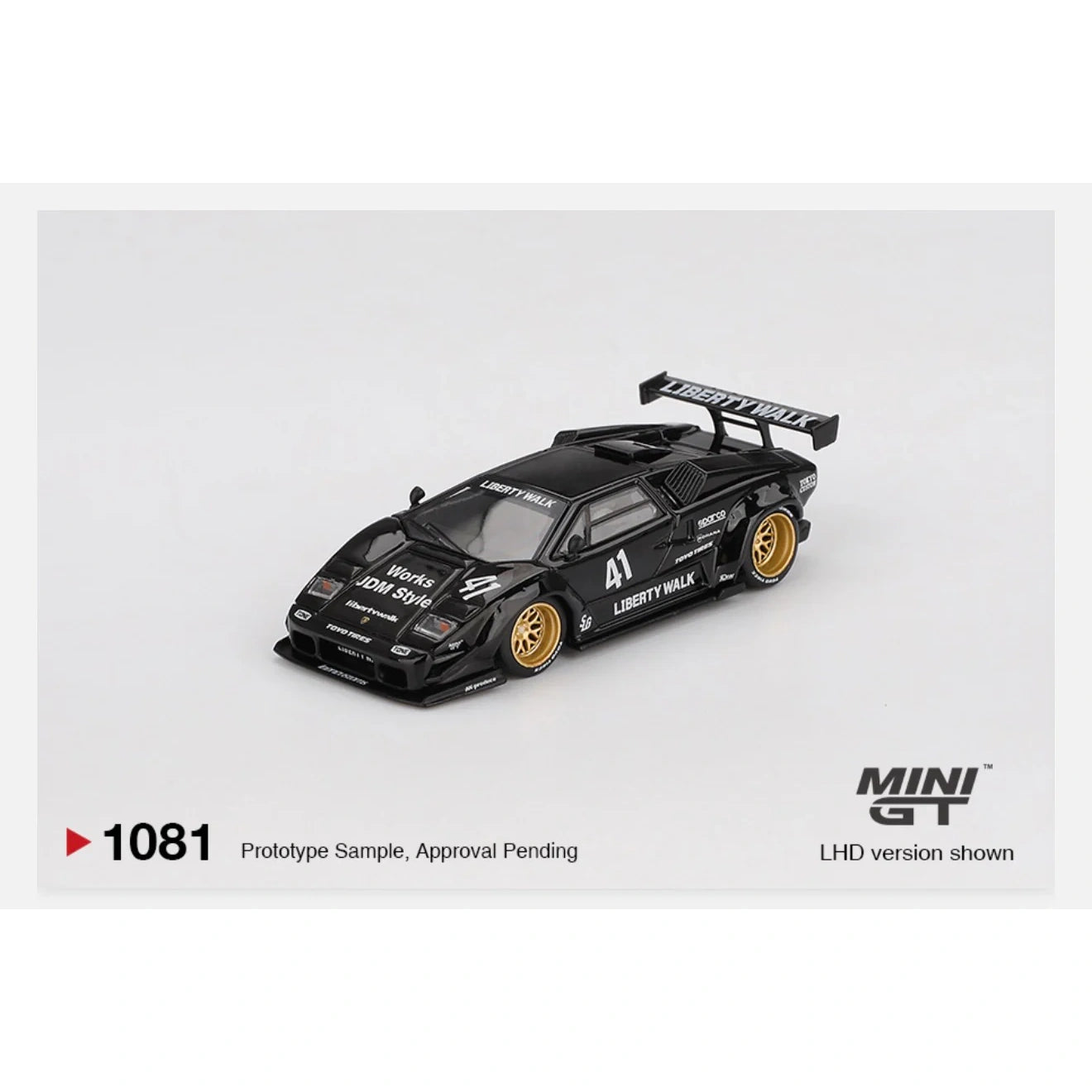 Mini GT 1:64 scale Lamborghini Countach LB-WORKS Black #1081 die-cast model with Liberty Walk widebody styling.