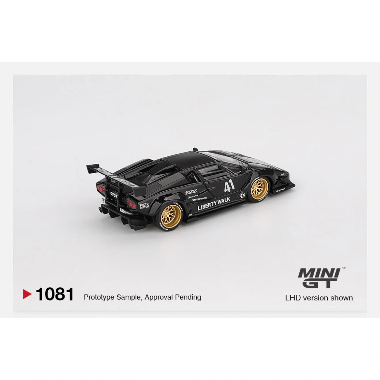 Mini GT 1:64 scale Lamborghini Countach LB-WORKS Black #1081 die-cast model with Liberty Walk widebody styling.