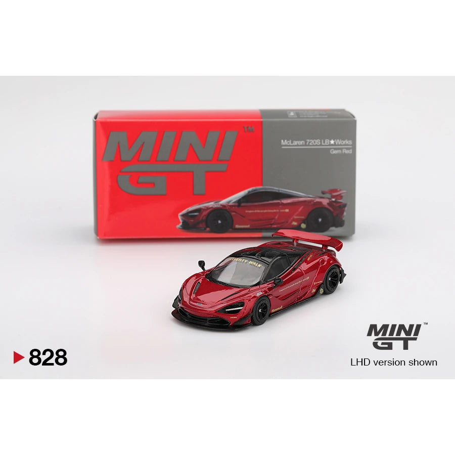 MiniGT 1:64 scale die-cast model of McLaren 720S LB★Works in Gem Red with Liberty Walk widebody kit.