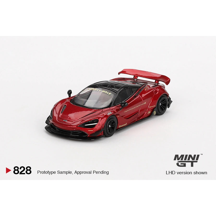 MiniGT 1:64 scale die-cast model of McLaren 720S LB★Works in Gem Red with Liberty Walk widebody kit.
